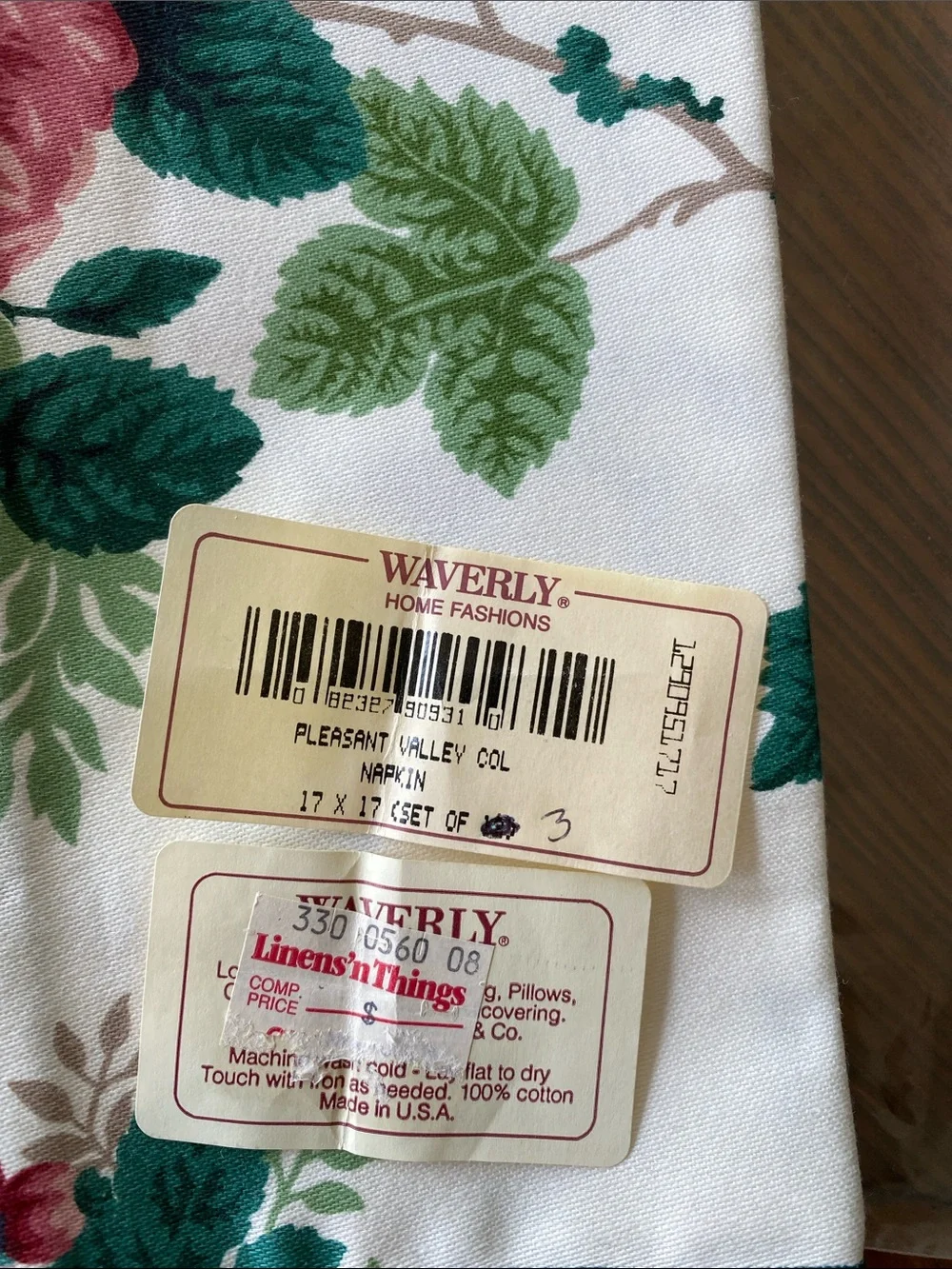 Waverly Cream Floral Cotton Napkins with Green Leaves and Berry Flowers